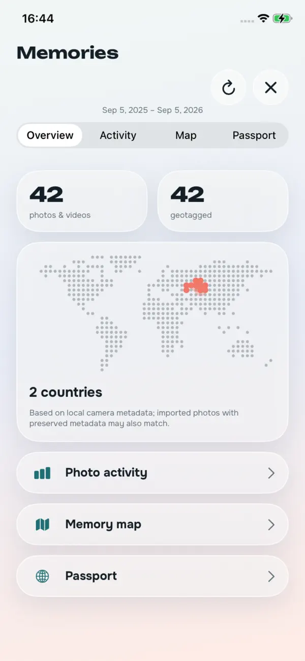 Экран Memories в Tripmaxx с активностью, картой и паспортом поездок